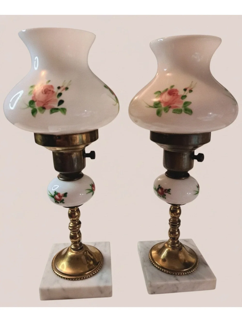 Set of Vintage Milk Glass/Brass/Marble Base Hand Painted Lamps